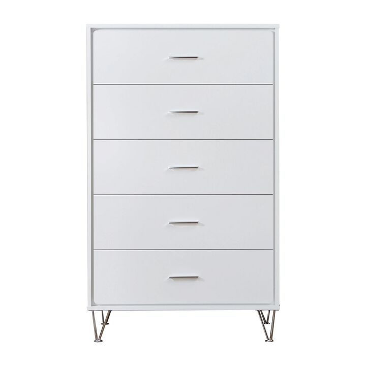 Contemporary Style Wooden Chest with Five Drawers, White-Benzara