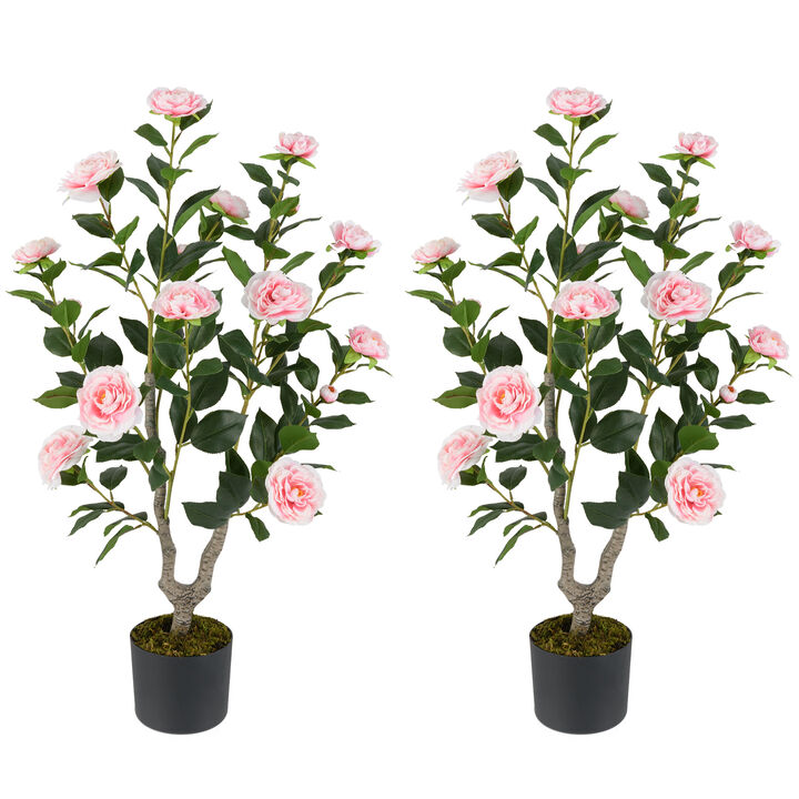 2 Pack Faux Camellia Flower Trees with Blooming Flowers for Home Decor