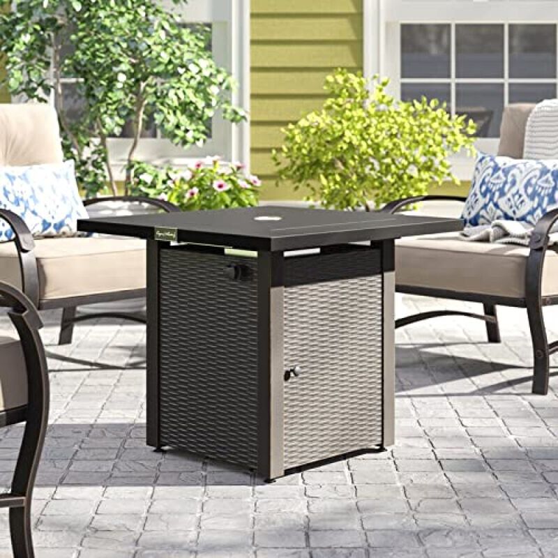 28in Outdoor Propane Fire Pit Table, 50,000BTU, Outside Gas Dining Fire Table with Lid, Rattan & Wicker-Look, Lava Stone, ETL Certification, with Adjustable Flame Apply to Garden Patio Backyard