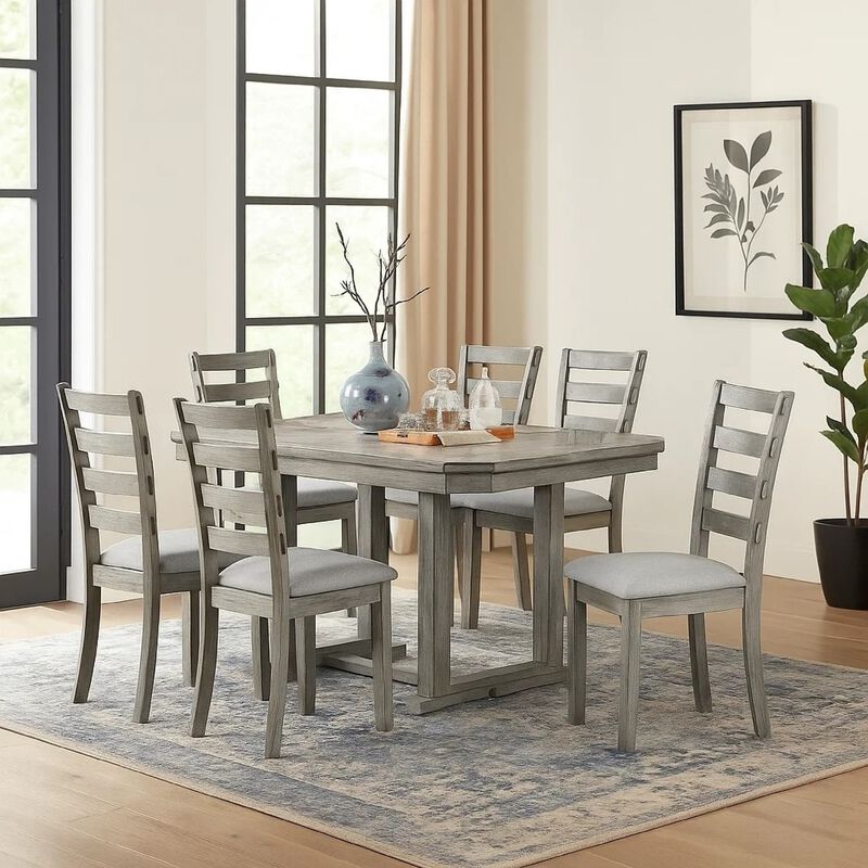 Lais 7pc Dining Table Set with 6 Ladderback Chairs, Rustic Gray image number 1
