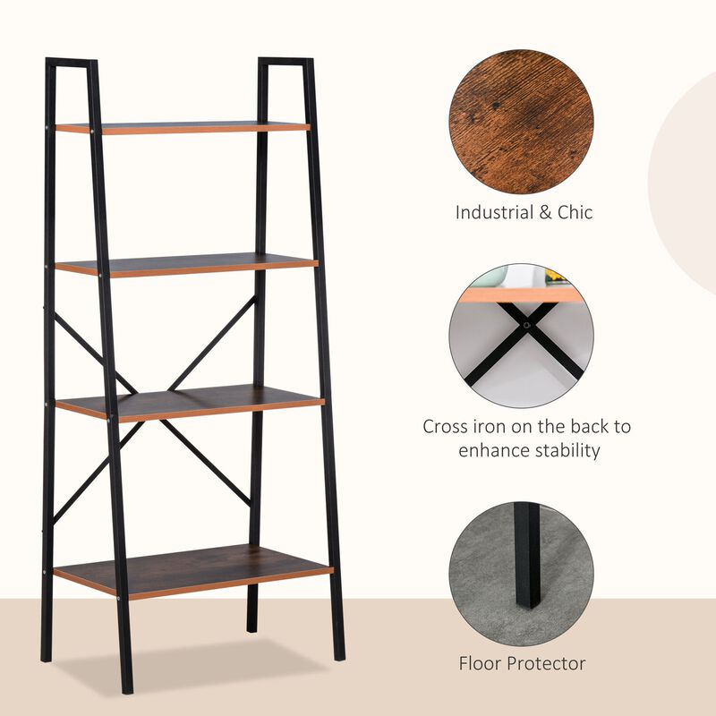 Black Rustic Organizer: 4-Tier Vintage Ladder Bookshelf for Bathroom/Living Room