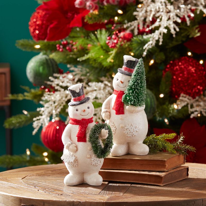 Set of 2 Glittered Snowman Figurines for Holiday Tabletop or Shelf Display