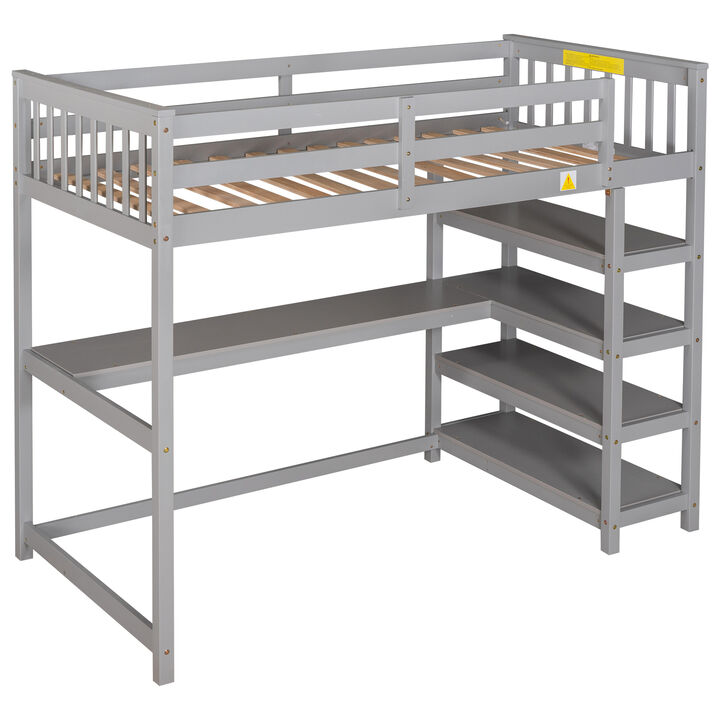 Merax Twin Size Loft Bed with Storage Shelves and Under-bed Desk