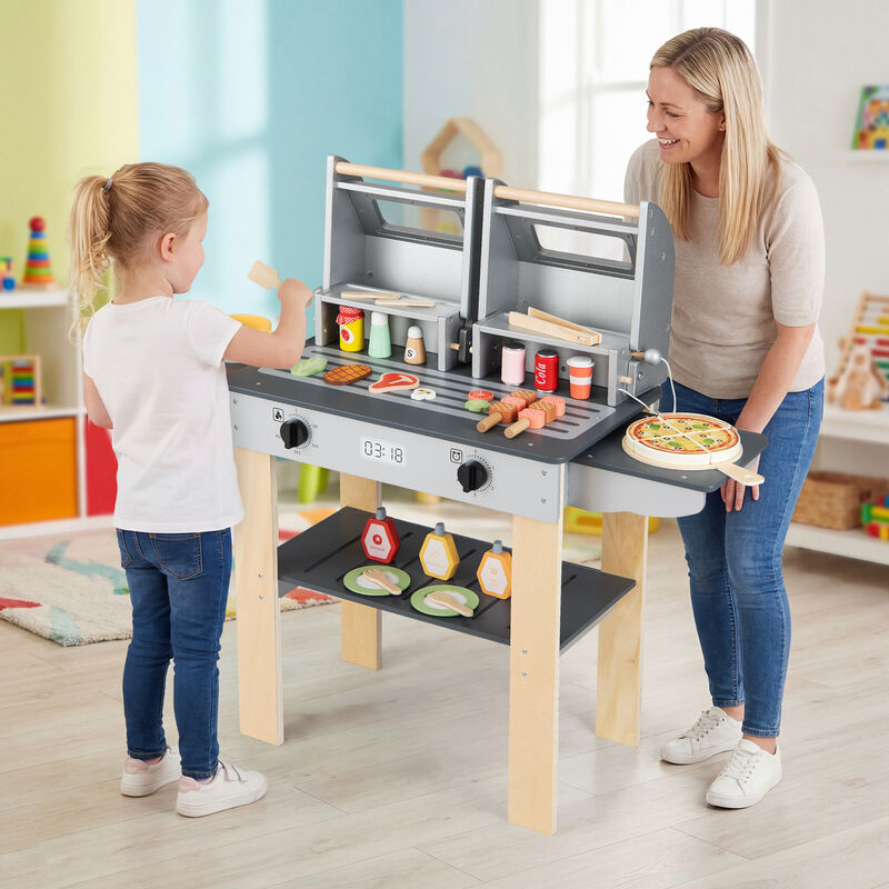 Kids Pretend BBQ Grill Set with Wooden Grill Tools and Play Food Accessories-Grey image number 3