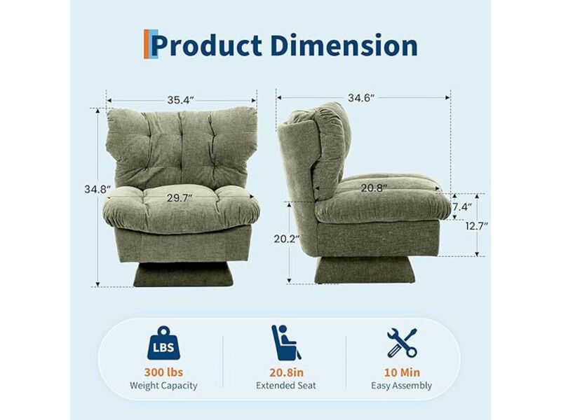 Accent Chair &ndash; Blue Chenille 360&deg; Swivel Armchair with Oversize Base & Cushion image number 2