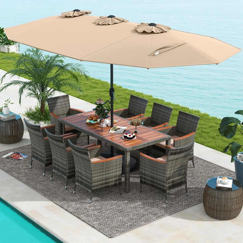 Mondawe 10 Pcs Patio Wicker Dining Set,1 Table With 15ft Double-Sided Umbrella & 8 Cushioned Chairs