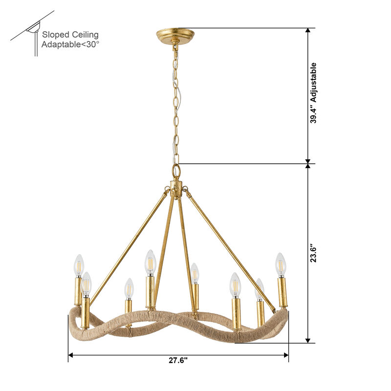 8-Light Bohemian Gold Natural Jute Large Candle Chandelier