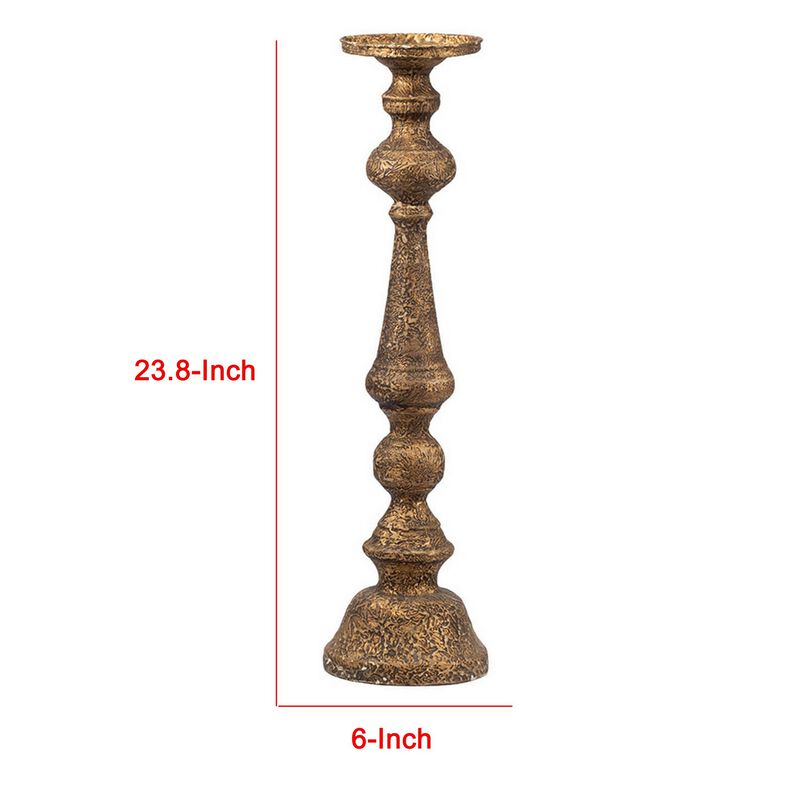 Mia 24 Inch Pillar Candle Holder, Antique Brass Metal, Turned Pedestal - Benzara