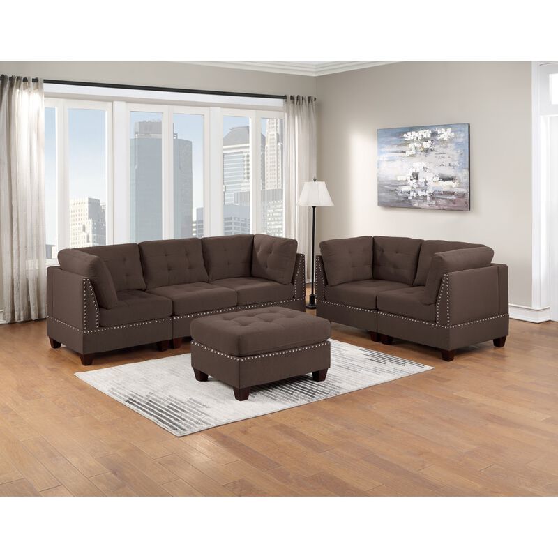 Modular Sofa Set 6pc Set Living Room Furniture Sofa Loveseat Tufted Couch Nailheads Black Coffee Linen Like Fabric 4x Corner Wedge 1x Armless Chair and 1x Ottoman