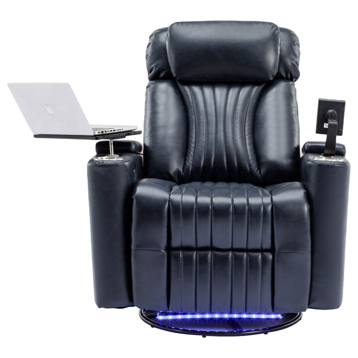 270  Power Swivel Recliner, Home Theater Seating With Hidden Arm Storage and LED Light Strip, Cup Holder,360  Swivel Tray Table, and Cell Phone Holder, Soft Living Room Chair, Blue