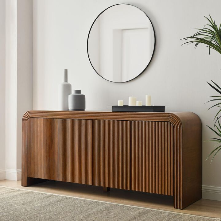 Modway Waterflute 70 Inch Fluted 4-Door Sideboard Cabinet in Walnut &ndash; Modern Storage Console with Adjustable Shelves &ndash; Waterfall Edge High TV Stand with Cable Management for Living Room