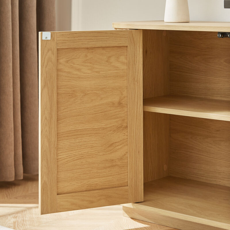 TATEUS Natural 64" Wave TV Stand &ndash; Rounded Sideboard with Vertical Stripes & Rattan Doors for Multi-Room Use