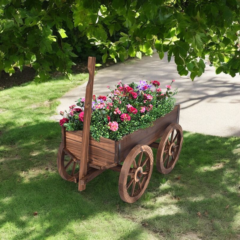 Wood Wagon Planter Pot Stand with Wheels