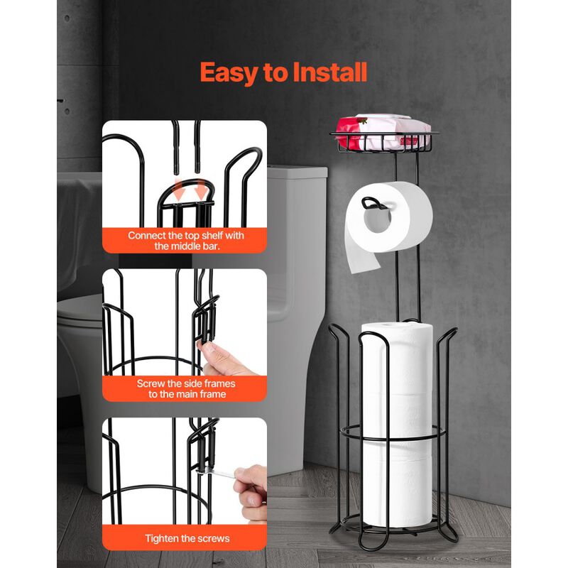 Freestanding Tissue Roll Holder with Shelf, Metal Toilet Paper Organizer for Bathroom Storage-Matte Black image number 3