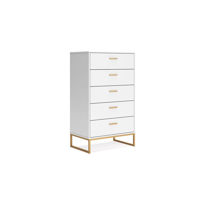 Alli Tall Dresser Chest, 5 Drawers, Matte White, Gold Metal, 51 Inch