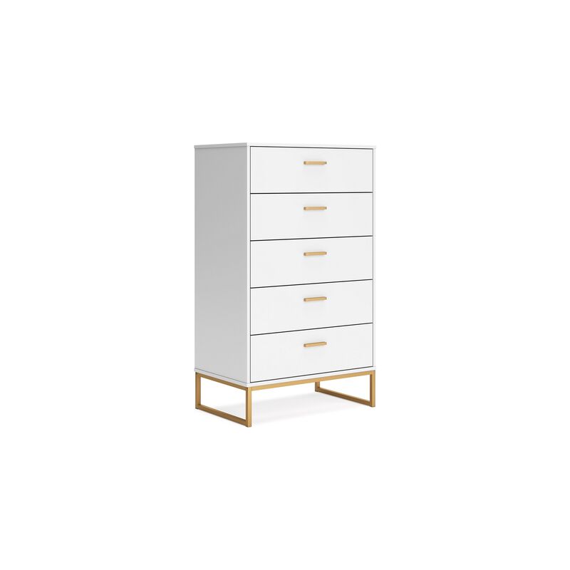 Alli Tall Dresser Chest, 5 Drawers, Matte White, Gold Metal, 51 Inch