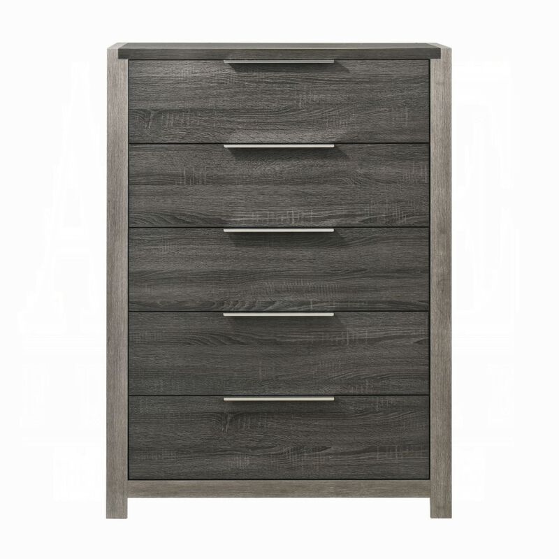 Joho Tall Dresser Chest, 5 Storage Drawers w Metal Handles, Gray Wood