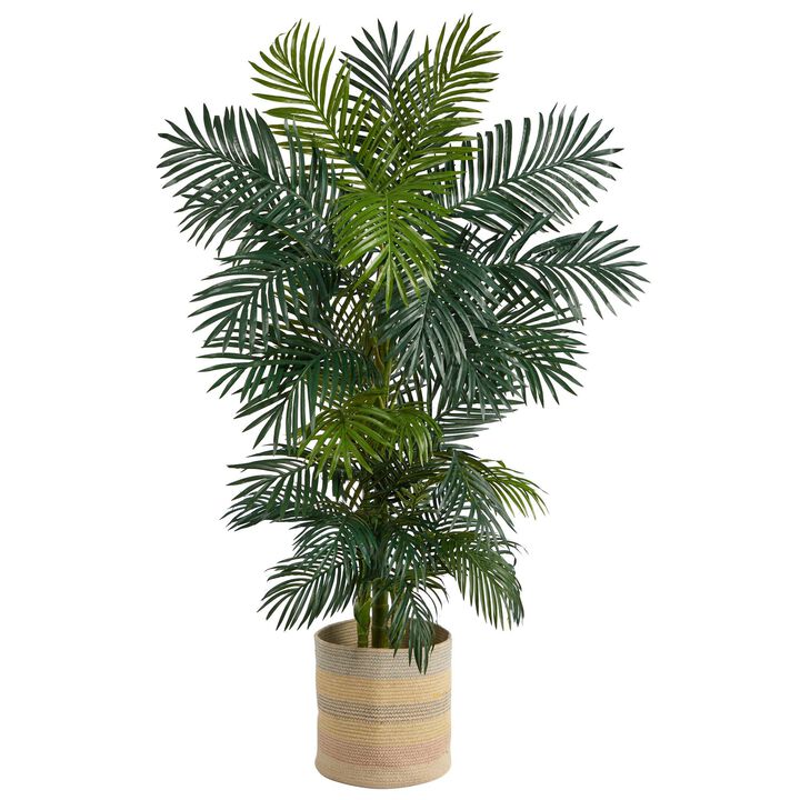 Nearly Natural 6.5-ft Golden Cane Palm Tree in Cotton Multicolored Planter