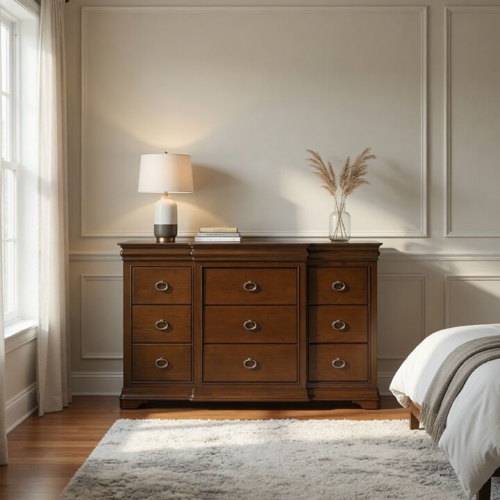 Gravis Wide Dresser Chest, 9 Drawers and 2 Hidden Drawers, Cherry Brown