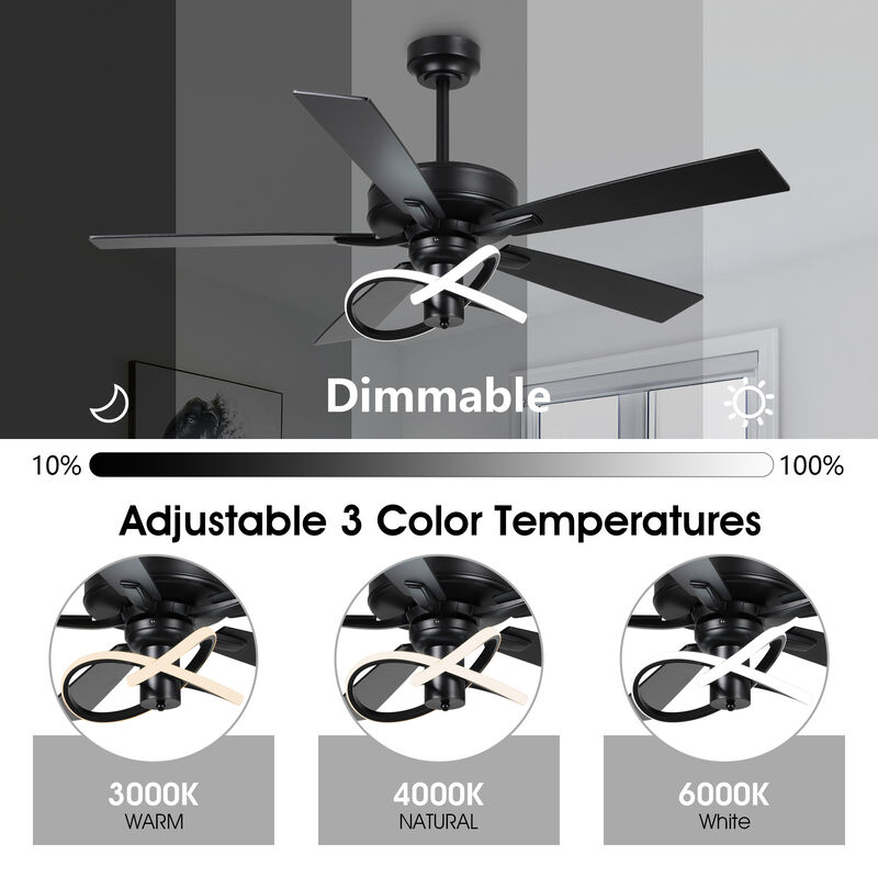 52-Inch Modern Black Integrated LED Ceiling Fan with Light and Remote Control