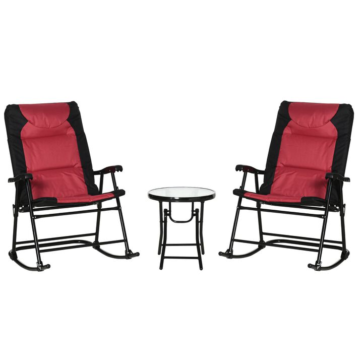 3 Piece Outdoor Patio Furniture Set with Glass Coffee Table & 2 Folding Padded Rocking Chairs, Bistro Style for Porch, Camping, Balcony, Red