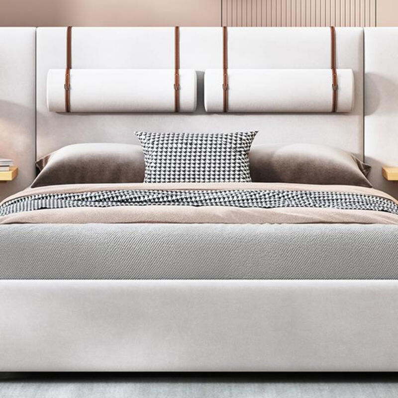 Upholstered Bed Frame with Dual USB Ports Outlets Storage Shelves and Pillows image number 4