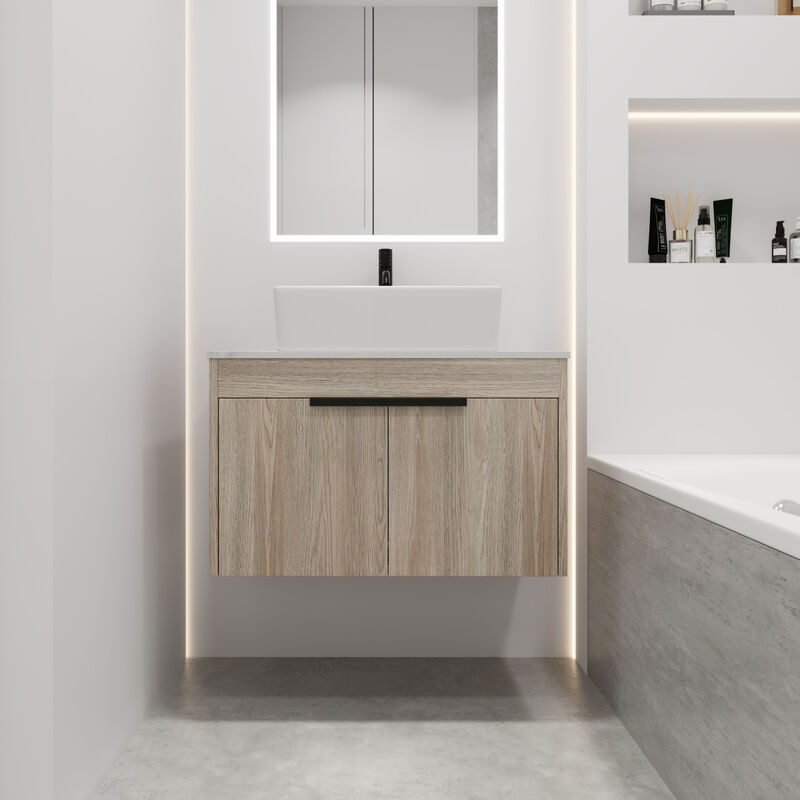 30 " Modern Design Float Bathroom Vanity With Ceramic Basin Set, Wall Mounted White Oak Vanity With Soft Close Door, KD-Packing, KD-Packing,2 Pieces Parcel(TOP-BAB110MOWH)