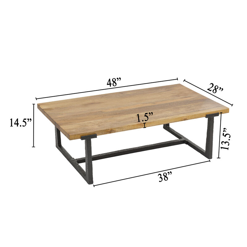 Marlon 48" Coffee Table | Handmade Aluminum Cast Black Frame | Natural Brown Solid Mango Wood Top