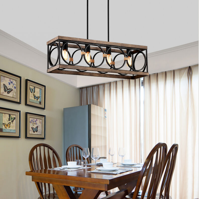 4-Light Farmhouse Rectangle Pendant Light Vintage Rustic Industrial Hanging Light Fixture image number 9