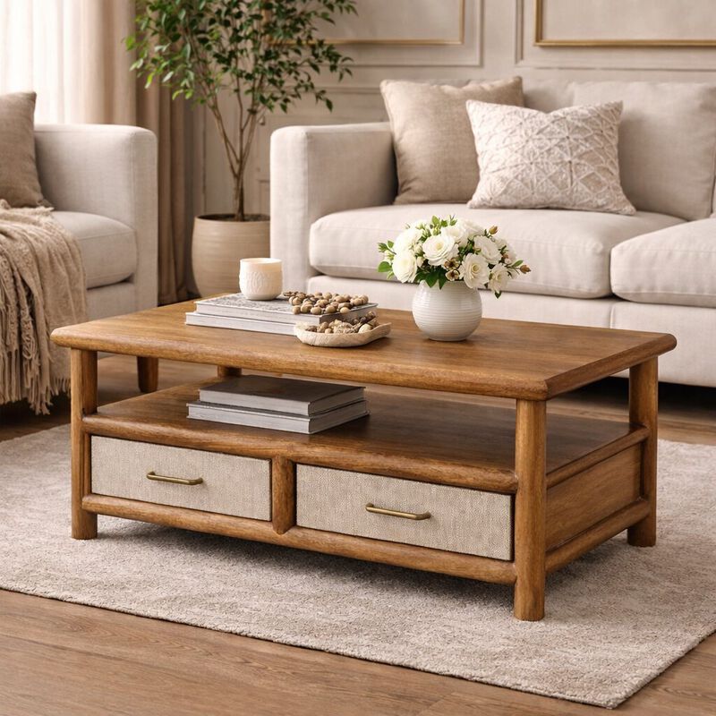Artisan Furniture Solid Wood Solara Rattan Coffee Table, 2 Drawers, and Shelf, Gray and Brown image number 1