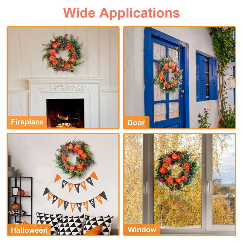 Halloween and Thanksgiving Autumn Wreath with Pumpkins and Fall Leaves image number 1