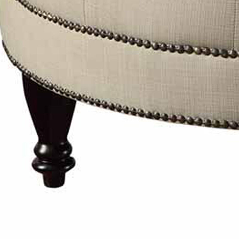 Round Shaped Fabric Ottoman with Nailhead Trim, Gray-Benzara