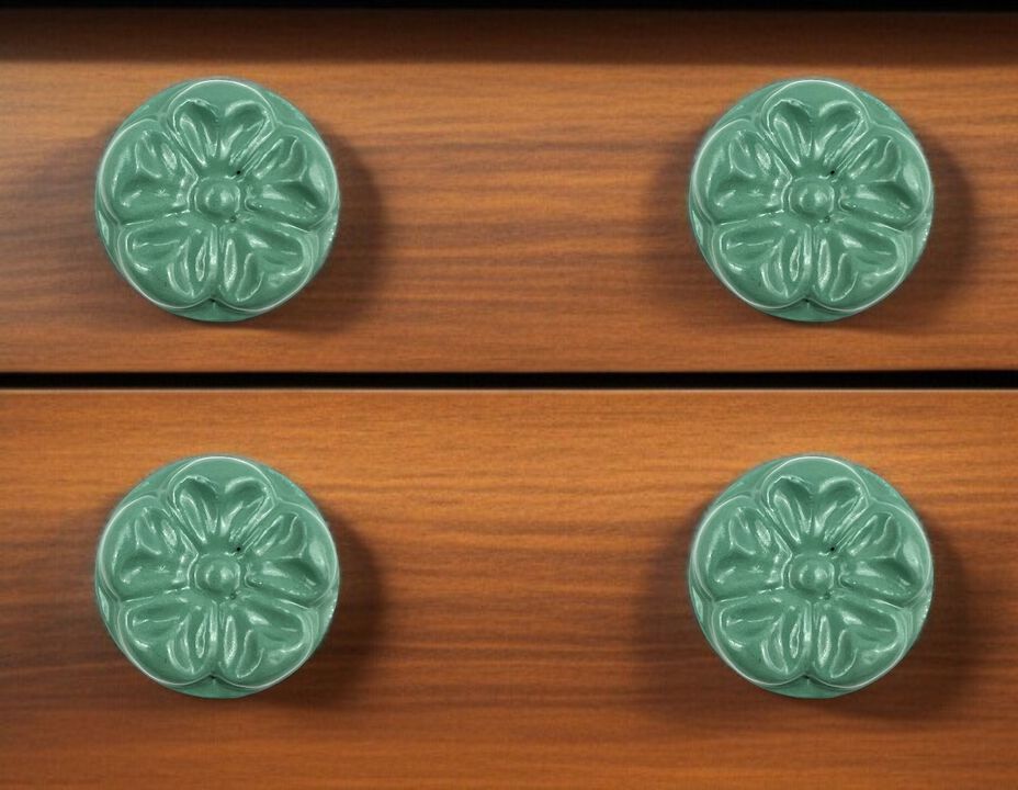 HomeRoots Set of Six Green Mushroom Knob Floral Ceramic Drawer Pull Knobs