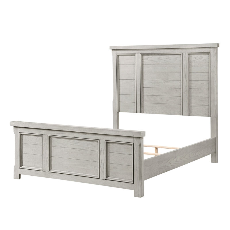 Myna Queen Size Bed with Tall Headboard, Farmhouse White Oak Veneer Wood