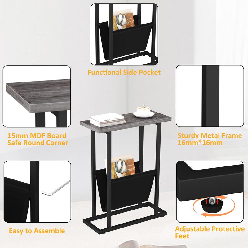Yusong Narrow Side Table for Small Spaces, Small End Table with Magazine Holder Table, Skinny Slim Little Thin Table for Living