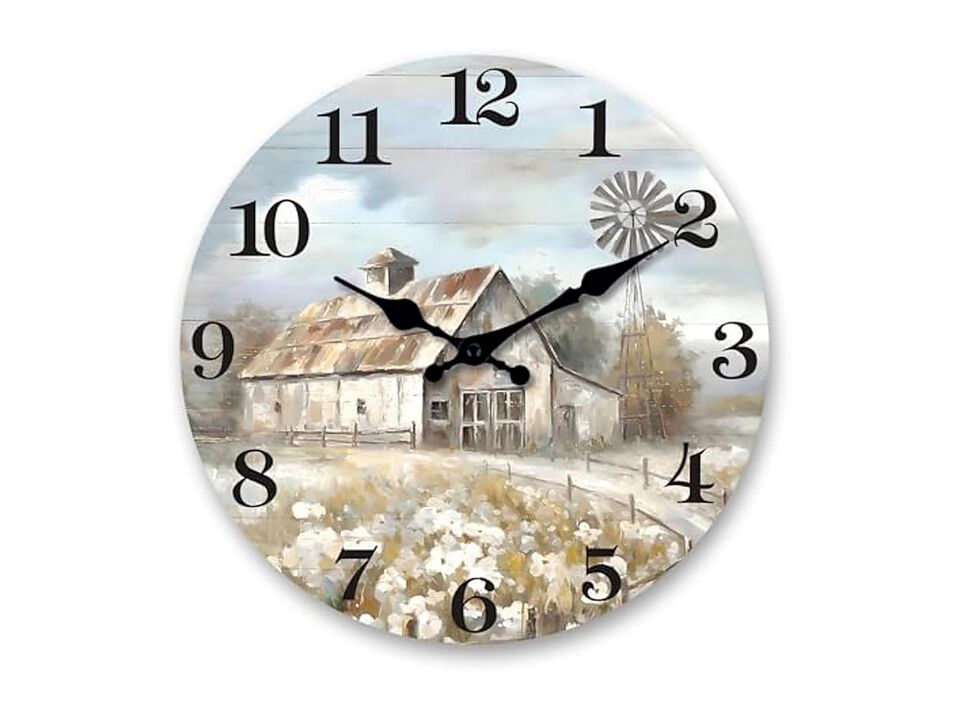 Farmhouse Wooden Rustic Windmill Barn Wall Clock 14 Inch Silent Non Ticking Wood