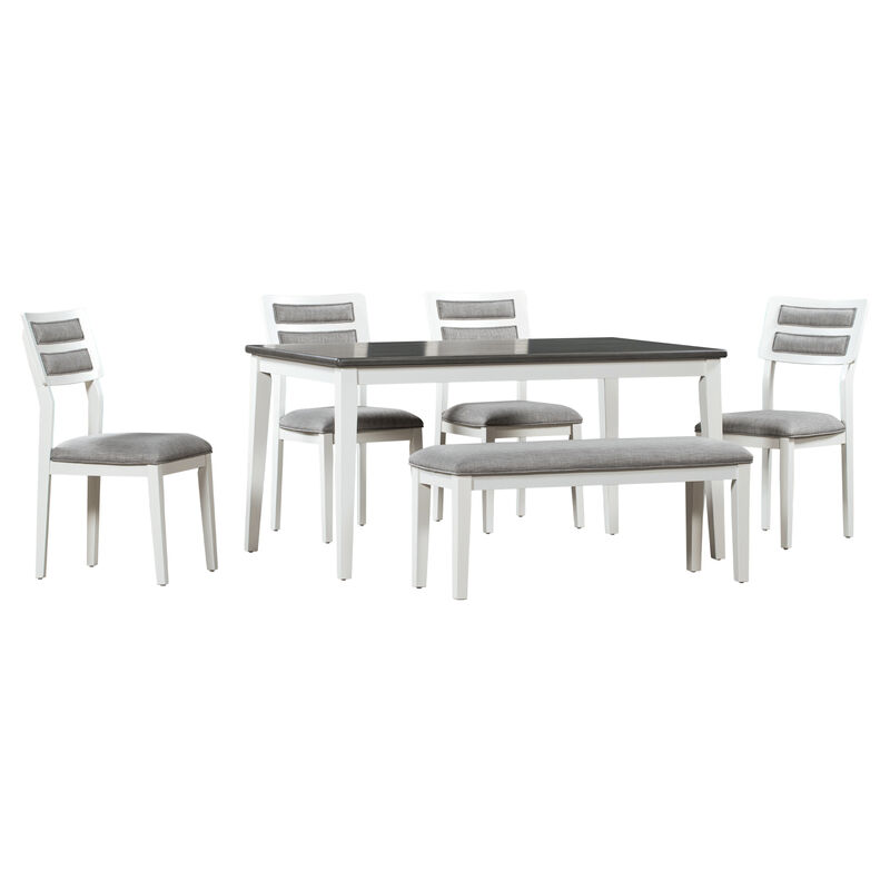 Whisen Classic and Traditional Style 6-Piece Dining Set with 4 Upholstered Chairs and Bench - White&Gray