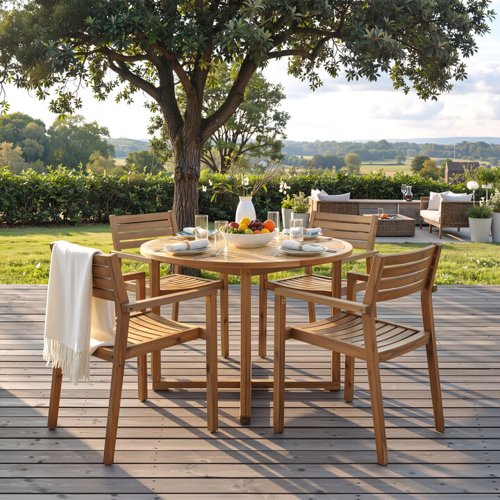 Merax Acacia Wood 5-Piece Outdoor Dining Set with Round Table & 4 Chairs