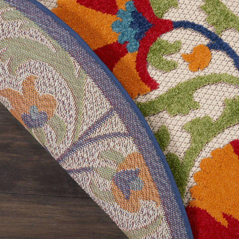 HomeRoots 4' Navy Blue Beige Green Blue And Red Round Floral Indoor Outdoor Area Rug image number 5