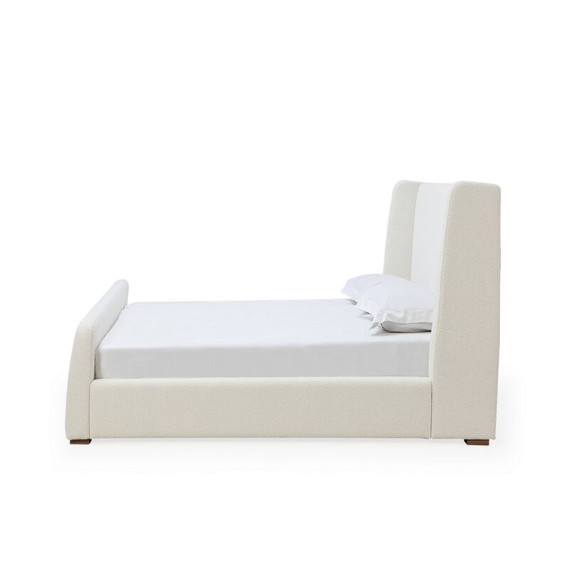 Mosi Queen Platform Bed, Wingback Headboard, White Boucle Fabric Upholstery - Benzara