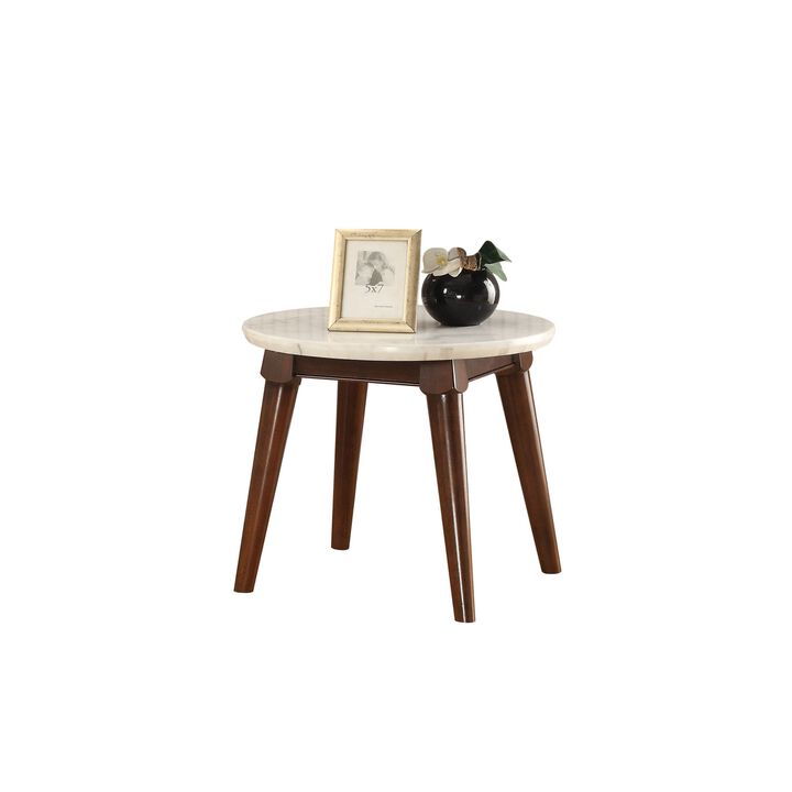Wooden Base End Table with Marble Top, Walnut Brown-Benzara