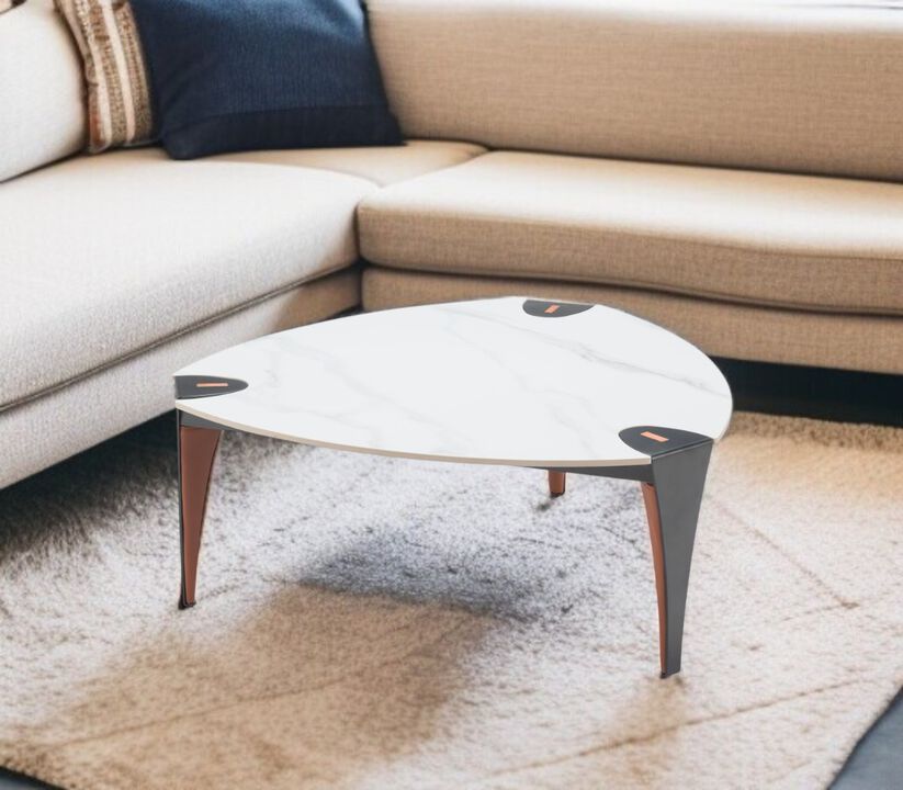 HomeRoots 36" White and Black Sintered Stone Faux Leather And Steel Triangle Coffee Table