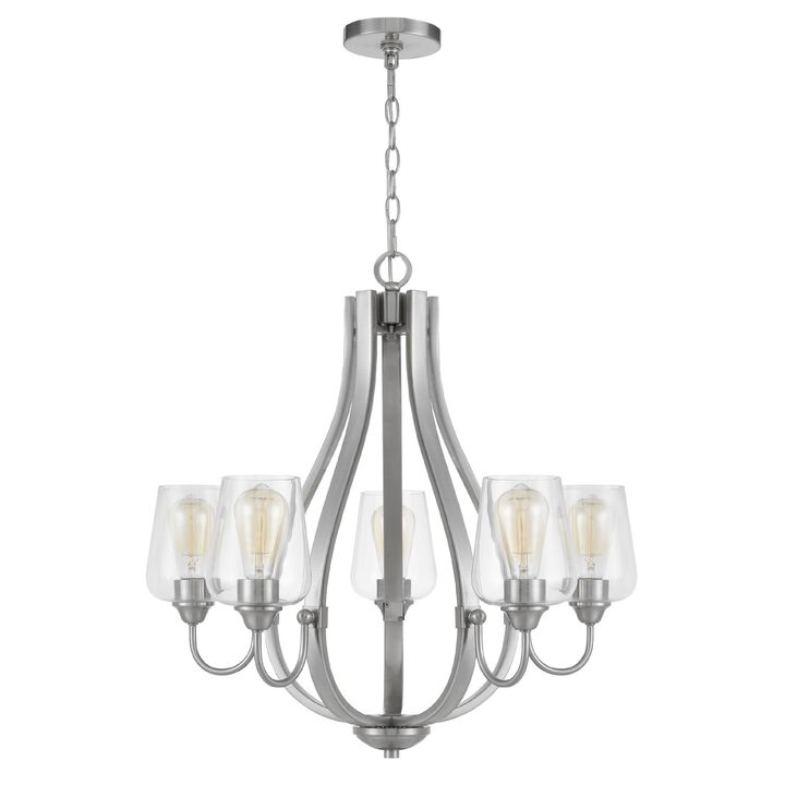 5 Light Chandelier, Teardrop Shape Glass Shades, Brushed Silver 26 Inch