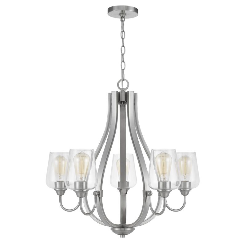 5 Light Chandelier, Teardrop Shape Glass Shades, Brushed Silver 26 Inch image number 0