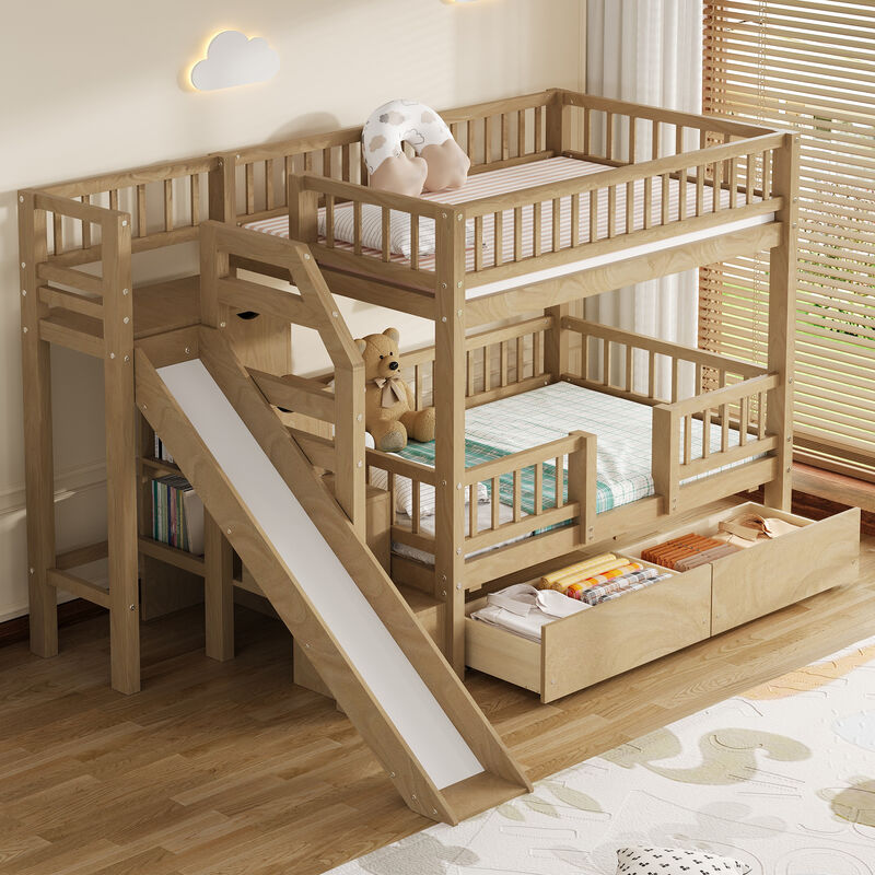Merax Twin-Over-Twin White Bunk Bed with Storage Staircase, Slide & Drawers image number 1