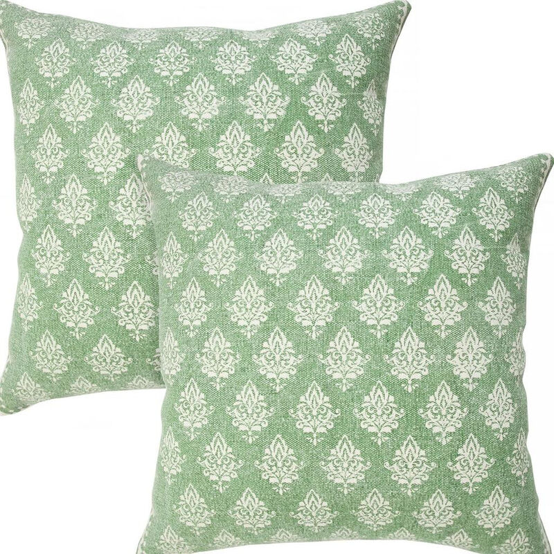 HomeRoots Set of Two 20" Green And Off White Damask Cotton Throw Pillows image number 3