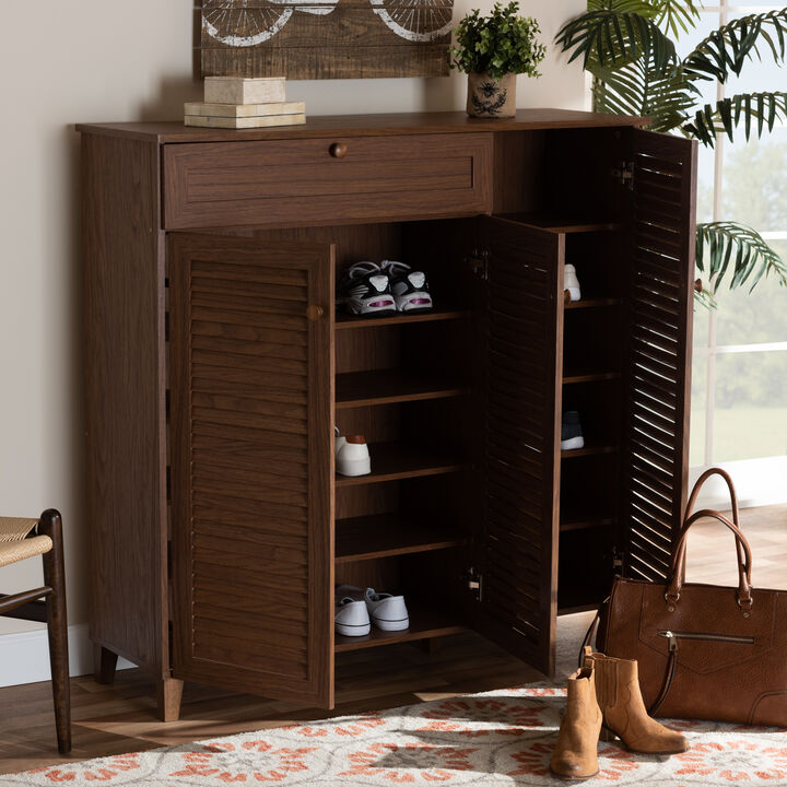 Baxton Studio Coolidge Modern 11 Shelf Wood Shoe Storage Cabinet With Drawer