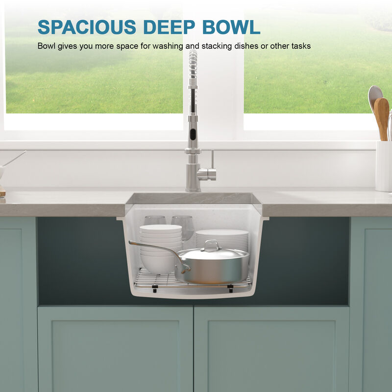 17 in. Undermount Single Bowl Workstation White Quartz Composite Kitchen Sink Round Corner with Bottom Grid. image number 4
