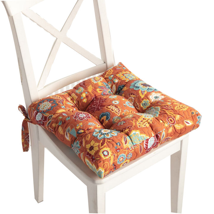Rov 18 Inch Chair Pad Seat Cushion, 3 Layers, Spice Orange Flower Print - Benzara
