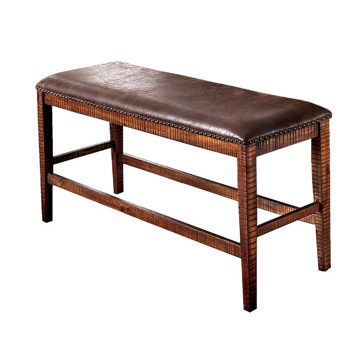 Wood and Faux leather Counter Height Bench with Nailhead Trims, Brown-Benzara